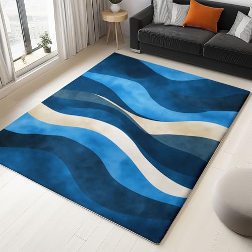 Alfombra minimalista abstracta con rayas onduladas para salón, 80 x 150 cm, muy suave, de pelo corto, lavable, antideslizante, para habitación juvenil, baño, azul oscuro