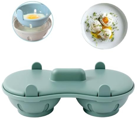 Egg Poacher Microwave Egg Cooker, 2 Cavity Edible Silicone Double Drain Poached Egg Cups, Microwave Egg Poacher Kitchen Cooking Gadgets(Light Blue) (Green)