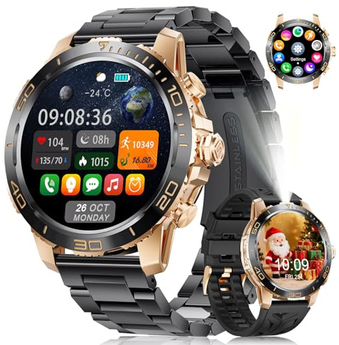 LIGE Smartwatch Herren, 800mAh Akku, 1,43” AMOLED Business Smartwatch mit Telefonfunktion, Herzfrequenz, Schlaf, SpO2, 200+ Sportmodi, IP68 Wasserdicht Fitnessuhr für Android iOS, Schwarz auf Gold