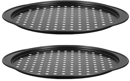 DEKKRYNFV Set di 2 teglie per pizza in acciaio al carbonio perforate antiaderenti con manici per una cottura uniforme e perforata per la circolazione dell'aria