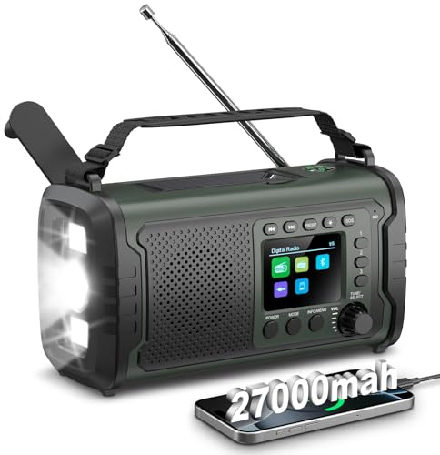 Portable DAB/FM Radio 27000mAh Emergency Radio with Solar,Hand Crank,Battery Powered, Survival Wind Up DAB Radio with Bluetooth,80 Presets,Clock,SOS Alarm,Flashlight,Reading Lamp Outdoor Camping