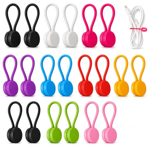 20 Pack Reusable Magnetic Cable Ties for Cable Management, Silicone Stretchable Cord Organisers with Dual-End Magnets, Multi-Functional Straps for USB Leads, Headphones, Home Office Storage and House
