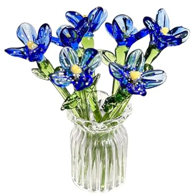 Mini Handmade Crystal Rose Glass Flower Bouquet with Vase, Blown Glass Collectible Figurine for Home Decor, Elegant Table Ornament Gift for Women Wife Mom J