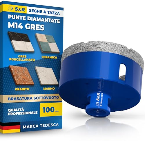 S&R Scie Cloche Carrelage Diamant 100mm M14 – Trépan Diamant Carrelage Meuleuse d’Angle brasé Sous Vide– Foret Diamant Carrelage Mèche pour Grès Cérame, Porcelaine, Granit, Marbre Verre