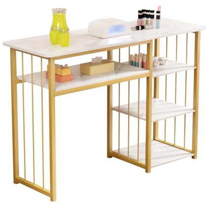 emlovosy Nageltisch, Manikürtisch mit 4 Regal, Schreibtisch, Schminktisch Ohne Spiegel, Weiß Gold, Marmorierte Textur Tischplatte, Maniküre Tisch für Nagelstudio und Schönheitssalon, 40 × 100 × 76cm