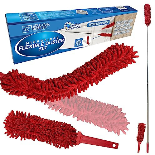 Microfibre Feather Duster Extendable, Long Handled Duster Extendable up to 145cm with Microfibre Fingers That Attract Dust − Long Reach Duster with Washable Head