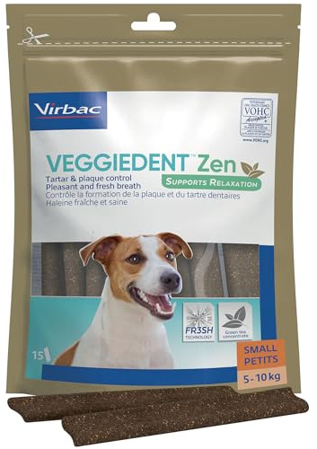 Virbac VeggieDent Zen S – Snack Dental Relajante para Perros de Razas pequeñas (5-10 kg) – Ayuda contra el estrés, el sarro y el Mal Aliento – 15 Unidades