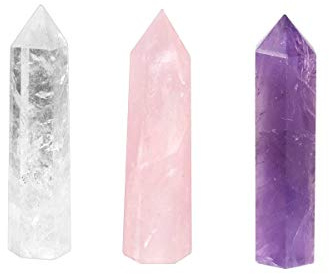 Rockcloud Pack of 3 Healing Crystal Wands Point 6 Faceted Prism Bar Reiki Chakra Stones for Meditation Therapy Decor 2 inches, Rock Crystal + Rose Quartz + Amethyst