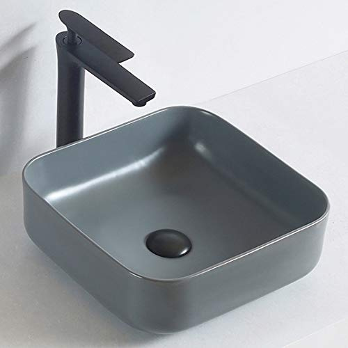 Lavabo da appoggio in ceramica sanitaria KW6134-38,5 x 38,5 x 13,5 cm - Colore a scelta, Colore:Grigio opaco, Piletta Pop-up:Con coperchio suppl. grigio opaco