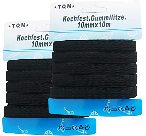 2x Gummilitze kochfest schwarz 10m x 10mm, Gummiband, Saumband, Schlüpfergummi, Hosengummi, Nähband