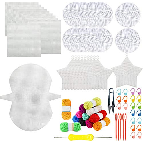 Allazone 59 Stück Mesh Canvas Sheets Plastic Canvas Kreuzstich Stoff Kunststoff Kreuzstich Kunststoff Baumwolle Stoff, 12 Farben Acrylgarn für Stickerei, Stricken und Häkelprojekte