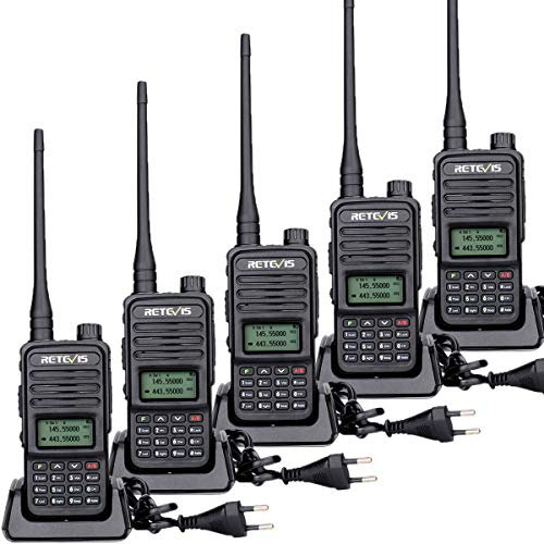 Retevis RT85 Walkie Talkie Tragbares Dualband, Professionell und Einfach zu Bedienen Transceiver mit VOX, DTMF, 1400mAh, LED,200 CH Walkie Talkie für Lager, Schule(Schwarz, 5 Stück)