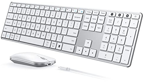 seenda SKM64-3 - Combo de teclado y mouse Bluetooth inalámbricos, teclado delgado y silencioso, 3 conexiones multidispositivo, compatible con Windows, Mac, MacBook, iPad, tableta, blanco y plateado