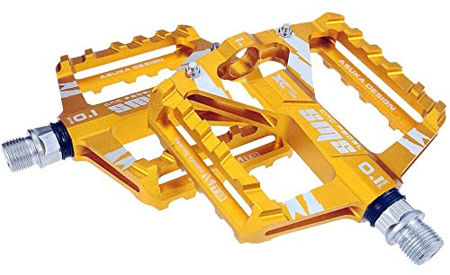 9/16 Fahrradpedale, ultraleichte Mountainbike-Pedale aus Aluminiumlegierung, rutschfeste Fahrradpedale mit vollständig versiegelten Kugellagern und 4 Anti-Rutsch-Pins, breite Plattform-Pedale (Gold)