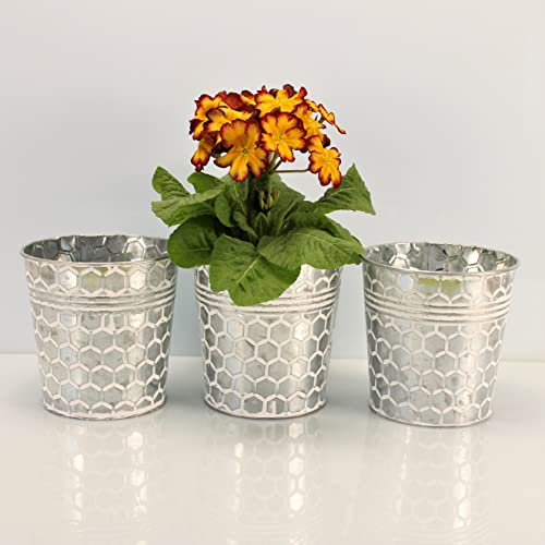 OF 3 Silberne Blumentöpfe aus Metall im Set mit Wabenmuster - Kräutertopf Blumentopf rund (3er Set Groß P67)