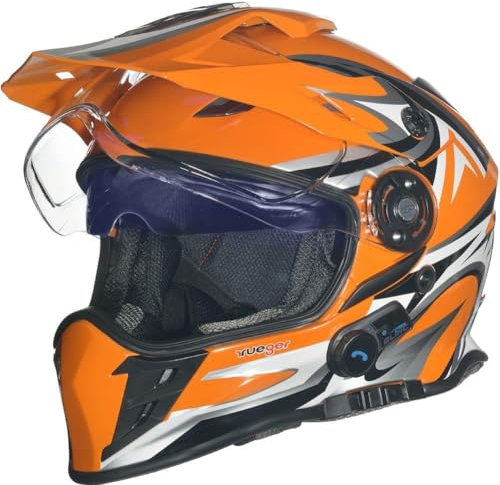 ?Bluetooth Klapphelm Motorradhelm Conzept Jethelm Crosshem Integralhelm Sonnenvisier Helm rueger?, Farbe:Orange V/RCK, Größe:S (55-56)
