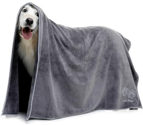 Lucky Paws® hundhandduk Giant 140x100 cm – superabsorberande & lyxigt mjuk hundhandduk – snabbtorkande mikrofiber hundbadhandduk – premium hundhanddukar (1-pack Giant, Grå/Silver)
