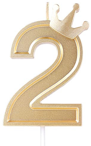 AIEX 7,6cm Bougie Numéro d'Anniversaire, 3D Bougies de Gâteau avec Couronne Bougies Chiffres Anniversaire Bougies d'Anniversaire pour Anniversaire Fêtes (Or, 2)