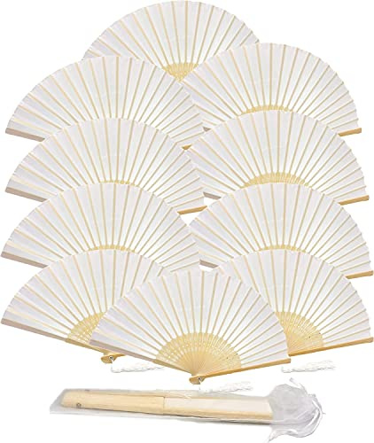 BSTMOME 10 Pack White Paper Hand Fan Bamboo Folding Fan Handheld Fans Dancing Props Church Wedding Gift Party Favors for Wedding Party and Home Decoration with Gift Bags