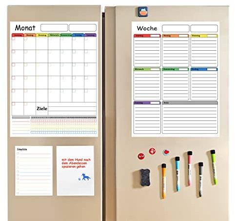 Torolle Kühlschrank Kalender magnetisch Wochenplaner abwischbar für Kühlschrank 4 Packs, Whiteboard Kalender inkl. Wochenplaner Monatsplaner Einkaufsliste mit Markern Radierern und magnetischen Icons