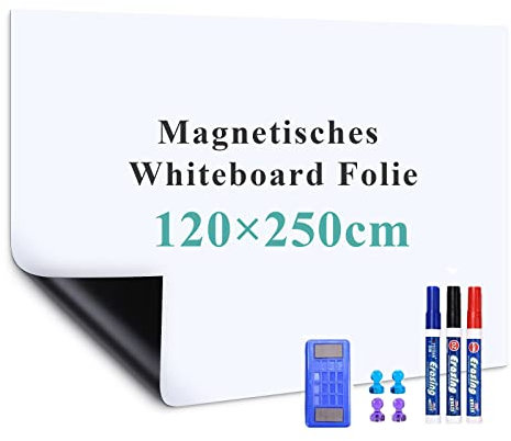 Warasee Whiteboard Magnetisch Folie, 120*250cm Magnettafel Selbstklebend, Magnetfolie Weiß Abwischbare, a3/a4 Leicht Zugeschnitten, für Startseite Schule, mit Markers & Whiteboard Schwamm & Magnetes
