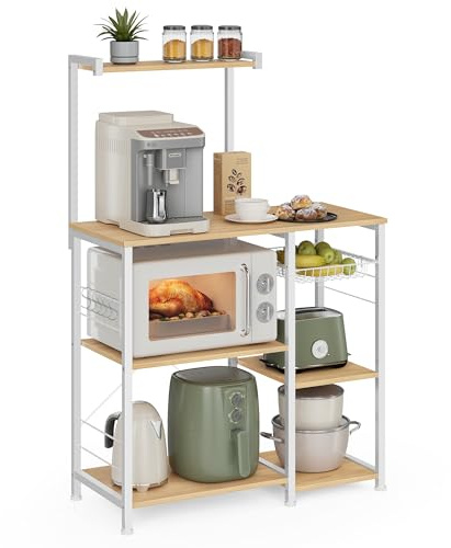 VASAGLE Scaffale da Cucina, Supporto per Forno a Microonde, Mobile Cucina, Cestino a Filo Metallico, 6 Ganci, per Spezie Pentole Padelle, 40 x 90 x 134 cm, Rovere Dorato e Bianco KKS035W09