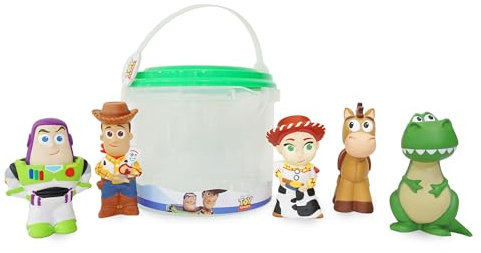 Disney Store Official, Toy Story, Set Juguetes baño, 5 Piezas, Incluye Buzz Lightyear, Woody, Jessie, Perdigón y Rex, Cubo con Tapa colador, Juguete para baño o Piscina Infantil, Mayores de 6 Meses