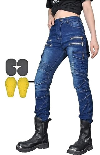 CBBI-WCCB Mujer Moto Jeans Motocicleta Pantalones con Almohadilla Protectora (FR/ES, Medida de la Cintura & Longitud de la Pernera, 26, 31, Azul)