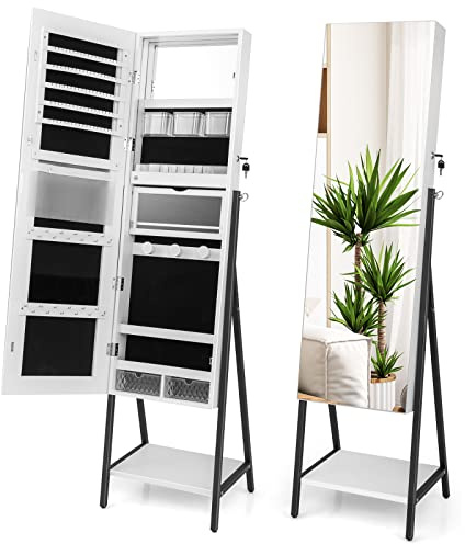 GOPLUS Smyckesskåp med spegel, 2 i 1 spegelskåp med justerbar LED-belysning, fristående smyckespegel med hylla (vit)