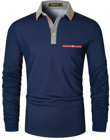 VMSUCIJ Poloshirt Herren Langarm Slim Fit Basic Golf Polo Poloshirt mit Farbkontrast Modisch und Vielseitig mit Taschen