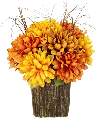Kunstblume Chrysanthemen im Topf 27x21 cm – Herbstdeko Gelb Orange mit Gras | Fertig arrangierte Chrysanthemen in Gelb & Orange mit Gräsern – pflegeleichte Herbstdeko für Tisch, Fensterbank & Wohnraum