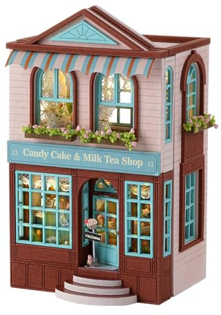 CUTEROOM Miniaturhaus Kit, Holz Puppenhaus Kit Mini Haus Making Kit mit Möbeln und LED Licht, DIY Haus Kit für Erwachsene Geburtstagsgeschenk für Frauen und Mädchen (Candy Cake)