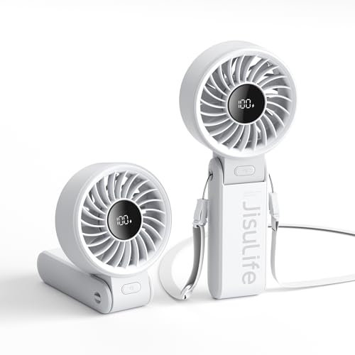 JISULIFE Handventilator Life7, Leistungsstarker tragbarer Ventilator mit LED Anzeige, 3600 mAh, 150° gefaltet, 3-IN-1 Hand/Schreibtisch/Halsventilator, Sommer Essentials für Reisen, Konzerte(Grau)