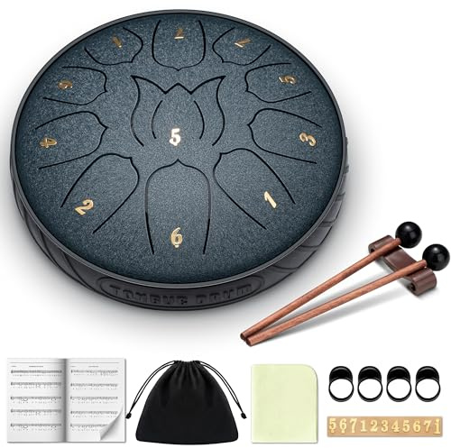 CAHAYA Steel Tongue Drum 11Notes: 15.2 cm D KeySteel Hand Drum mit Notenbuch, Schlagzeugschlägel, Fingerplektren und Tragetasche, Dunkelblau CY00373-1