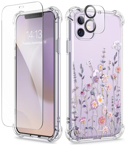 GVIEWIN Kompatibel mit iPhone 11 Hülle 6,1'' 2019, mit Displayschutzfolie + Kameraobjektivschutz, Nicht gelbe Blume klare weiche TPU Schlank Stoßfeste Schutzhülle fürs Telefon, Floratopia/Bunt