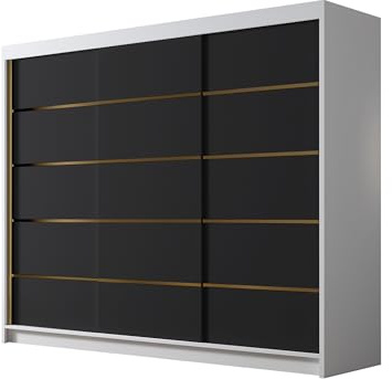 Mirjan24 Kleiderschrank mit Goldverzierung Aramao VII 250 cm Breit, Garderobenschrank, Schlafzimmerschrank mit Kleiderstange und Einlegeböden für Kleidung (Weiß/Schwarz)