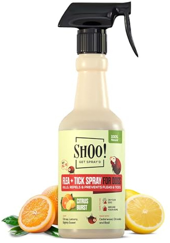 Shoo! Flea & Tick Spray for Dogs and Home | Plant Based, Natural Oils, Chemical Free Formula | Kills, Repels, Prevents | 16 oz (Citrus Burst)
