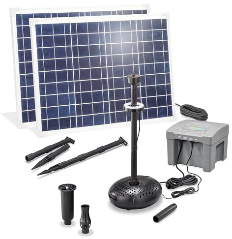 esotec Solarpumpe Solar Teichpumpe Wasserfall 100/4000 Akku LED 101941 | 4000l/h, Förderhöhe 1,6m, Trockenlaufschutz, LED kaltweiß, LiFePO4 24Ah, bis 9,5Std., 3 Fontänen, Anschluss 1¼/25mm