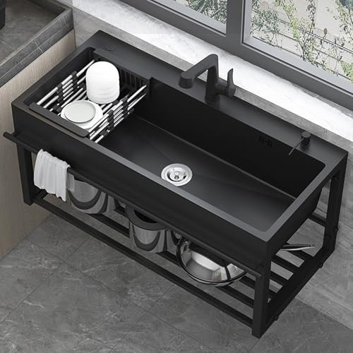 Edelstahl Waschbecken Outdoor Spültisch Spülbecken Wandmontierte Küchenspüle Waschtisch mit Wasserhahn Schwarz Küche Spüle Ausgussbecken Hängewaschbecken Ausgußbecken for Außen Waschküche Garten(100x4