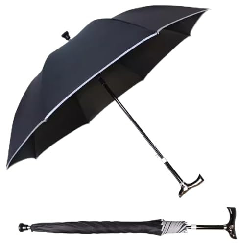 Wzmazingly Spazierstock Regenschirm Verstellbare Länge 2-in-1 Winddicht Gehstock Regenschirm Senioren Rutschfest Langer Handgriff Stützschirm(Black)