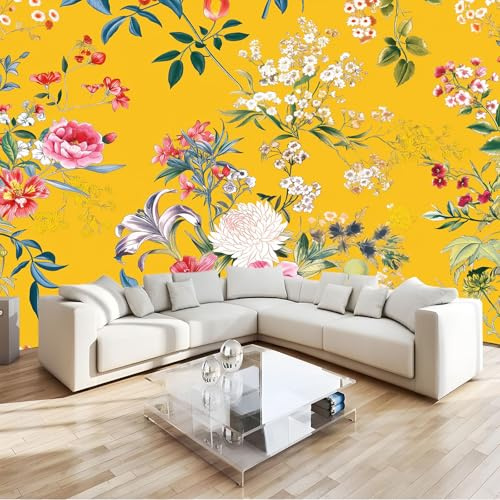 Générique Papier Peint Intissé Peint À La Main Vintage Floral Pivoine Jaune 3D Panoramique Papier Peint 350x256 cm pour Salon Chambre Décoration Murale Pour Adolescents et Enfants Murale