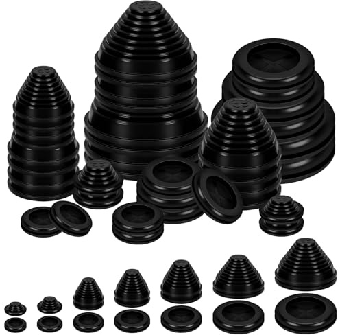 Glarks 28pcs 7 Sizes Rubber Grommets, Black Round Double Sided and Tower Shaped Drill Hole Grommet, Wire Protection Firewall Grommet, Rubber Hole Plug, Closed Rubber Grommet for Wire, Cable Protection