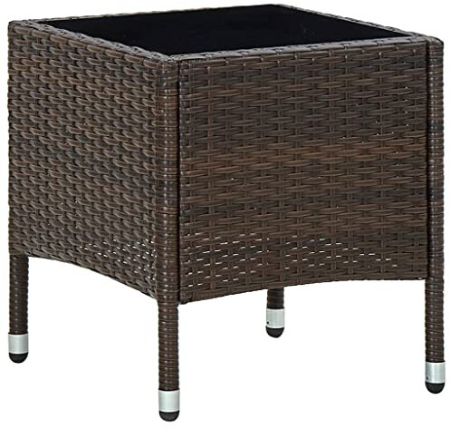 Mesa de centro de mimbre de ratán marrón con mesa de cristal para patio, jardín, balcón, mesa auxiliar para una vida elegante al aire libre