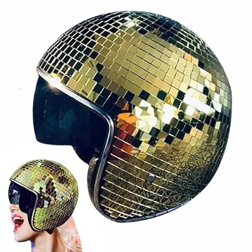 Discokugel Hüte,Diskokugel Helm mit Einziehbarem Visier,Glitzer Spiegel Glas Discokugel Hut Helm,DiscoDekor Helme,Disco Spiegel Glitzerball Helme,Glitzer Spiegel Glas Disco Ball Hut (Golden)