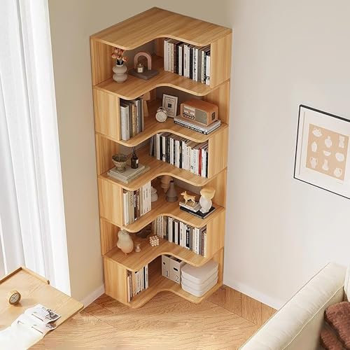Corner Bookshelf, 6-Tier Modern Tall Bookcase with Anti-Drop Panel, L-Shaped Etagere Shelf, Freestanding Display Rack Organizer for Home Office or Living Room