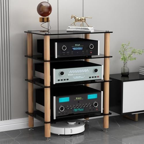 HiFi-Regale, 3/4-stöckig, Medien-Aufbewahrungsschrank, Audio-Regale, gehärtetes Glas, stoßdämpfende, solide Holzbeine für Audio-Schränke (Größe: 4 Etagen, Farbe: Schwarz)