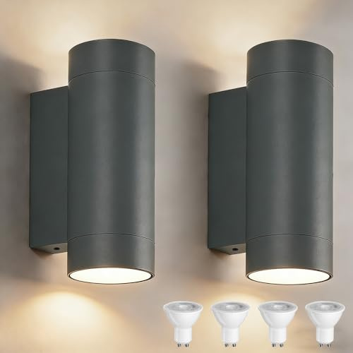 JNR Aussenlampe Wand IP65 Wasserdichte Wandleuchte Aussen, Anthrazit 2 Pack | Außenlampe Wand 2*5w GU10 3000K Warmweiß LED Glühbirne, 230V Aluminium Außenleuchte Aussenleuchte, Ausenbeleutung Hauswand
