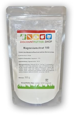 discountfutter.shop | Magnesiumcitrat 100 (Pulver) 500 Gramm | ohne Getreide Zuckerzusatz - Magnesium für Pferde | unterstützt Nerven-, Energie- und Muskelstoffwechsel