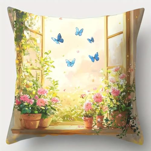 ANSIWEIGO Yarn Craft Set for Relaxing Home Projects,DIY Latch Hook Cushion Kit 43x43cm,Yarn Craft Set with Pillow Cover,Gift Idea for Craft Lovers,Teens & Adults,Windowsill Butterfly Flowers