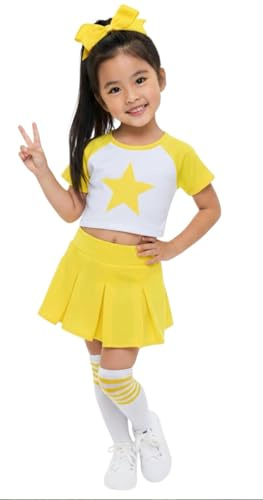 Total 2550 Girls' Kids Children Dress Cheerleader Costume Uniform Cheerleading Outfit Halloween Star Sleeve (Bright Yellow/White, M / 5-8)